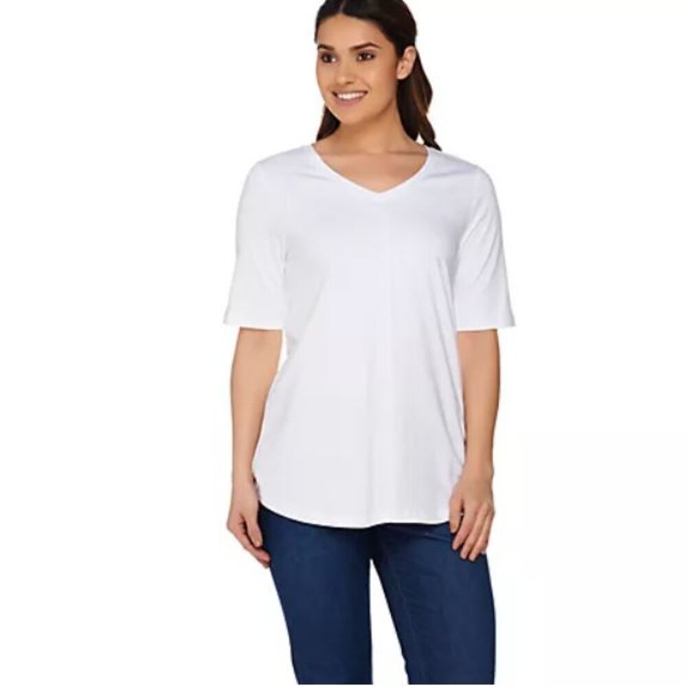 Denim & Co. Essentials Elbow Sleeve Top with Seaming Detail-White, Medium